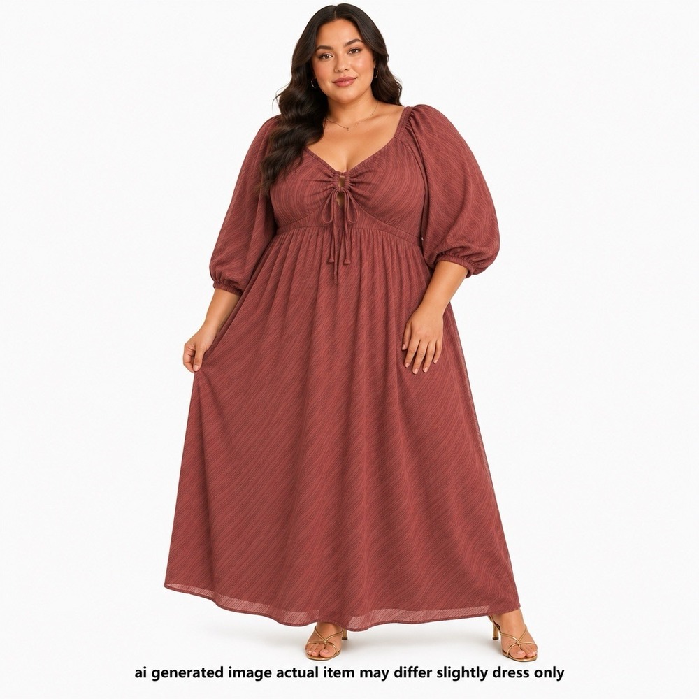 Womens Plus Size 1X 16W 18W Brown Midi Dress Ruched Puff Sleeve Boho Romantic